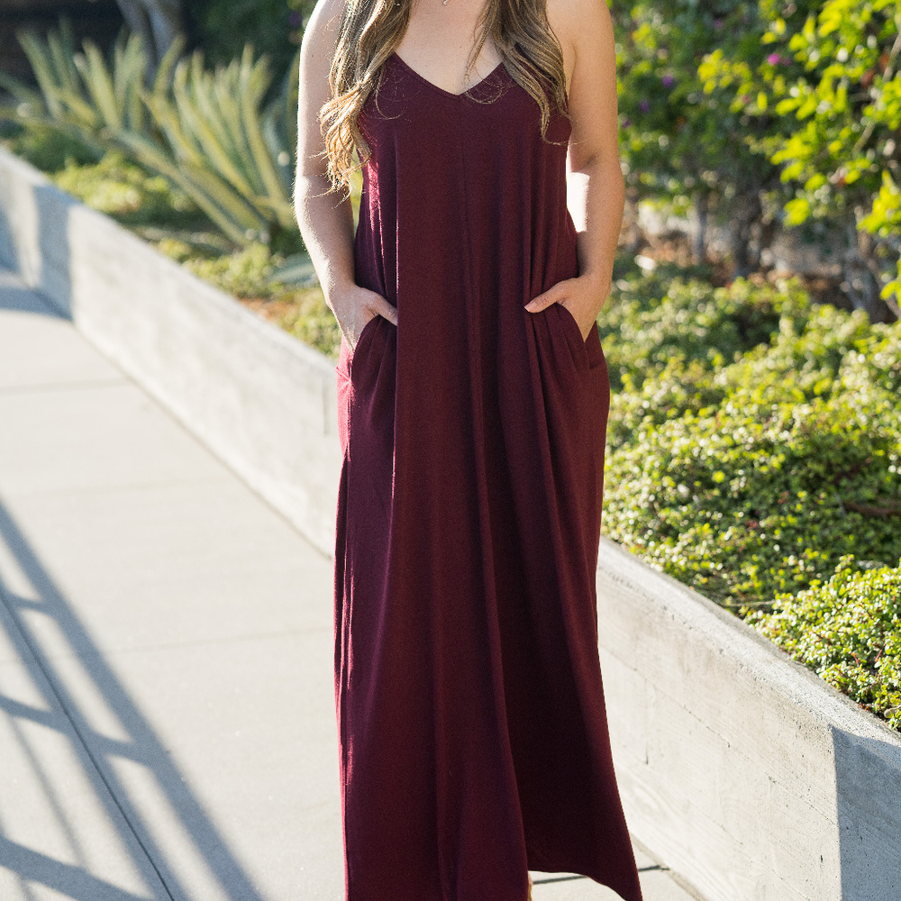V Neck Cami Maxi Dress in Dark Burgundy